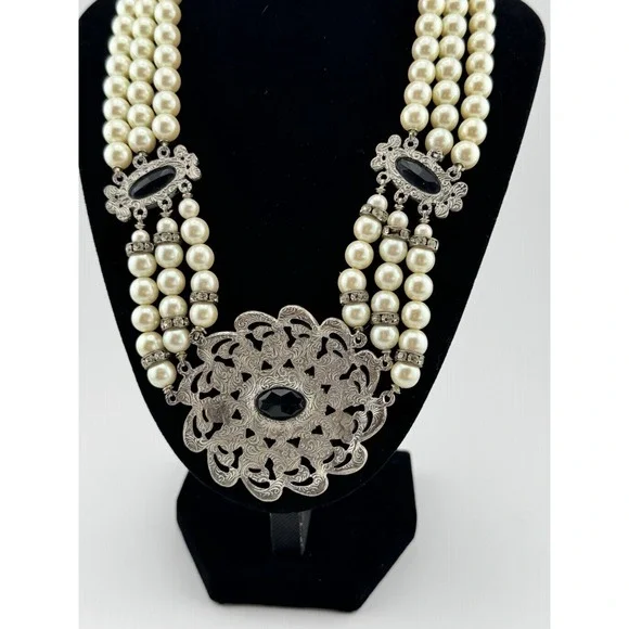 VTG 1928 Faux Pearl 3 Strand Choker Necklace Blue Clear Stones LRG Pendant - Picture 11 of 14